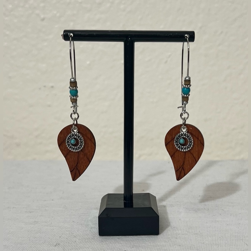NWOT Wooden Copper Beaded Leaf Earrings